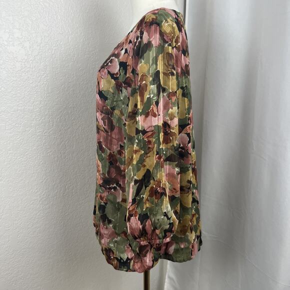 Roz Ali Top Womens 1X Green Floral Metallic Gold Chain Neckline Boho Casual - Picture 4 of 10